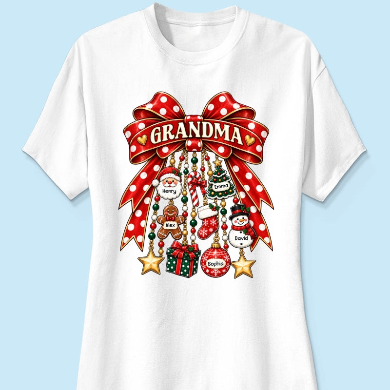 Grandma Retro Christmas Charm Bow - Personalized Shirt - Trendy Christmas Tee for Grandma