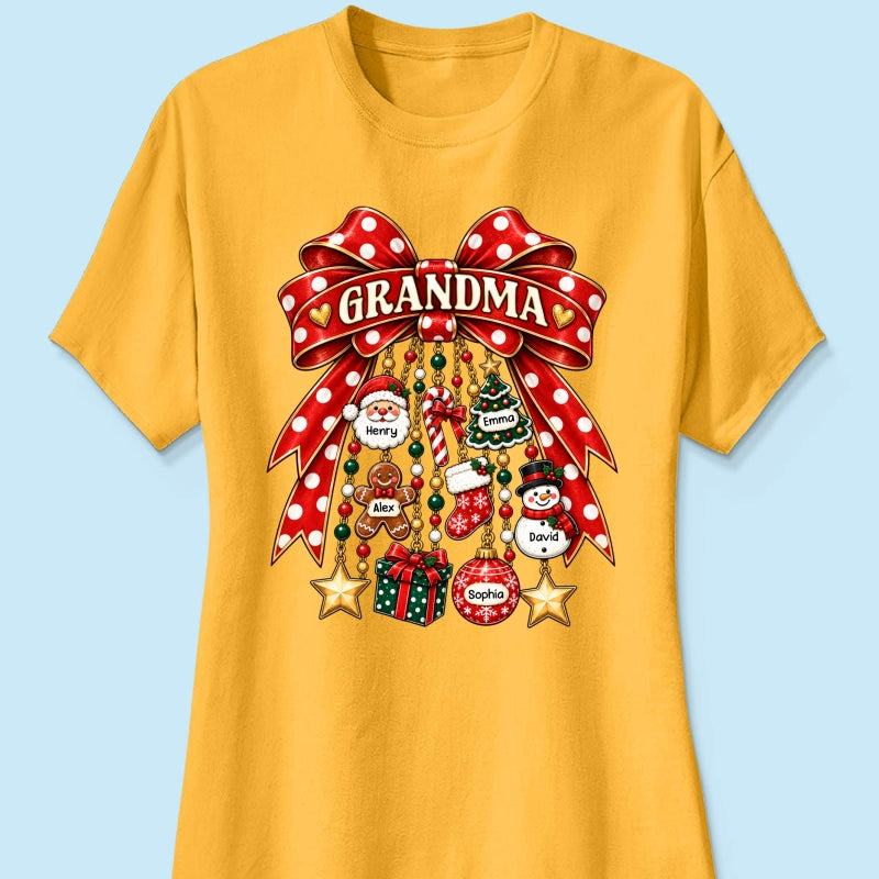 Grandma Retro Christmas Charm Bow - Personalized Shirt - Trendy Christmas Tee for Grandma