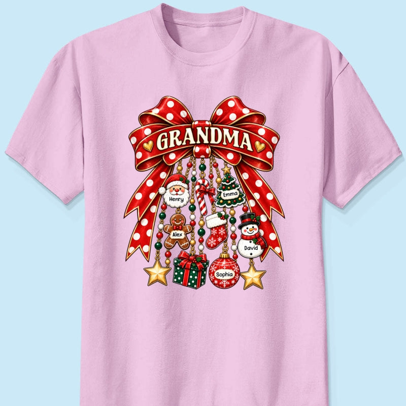 Grandma Retro Christmas Charm Bow - Personalized Shirt - Trendy Christmas Tee for Grandma