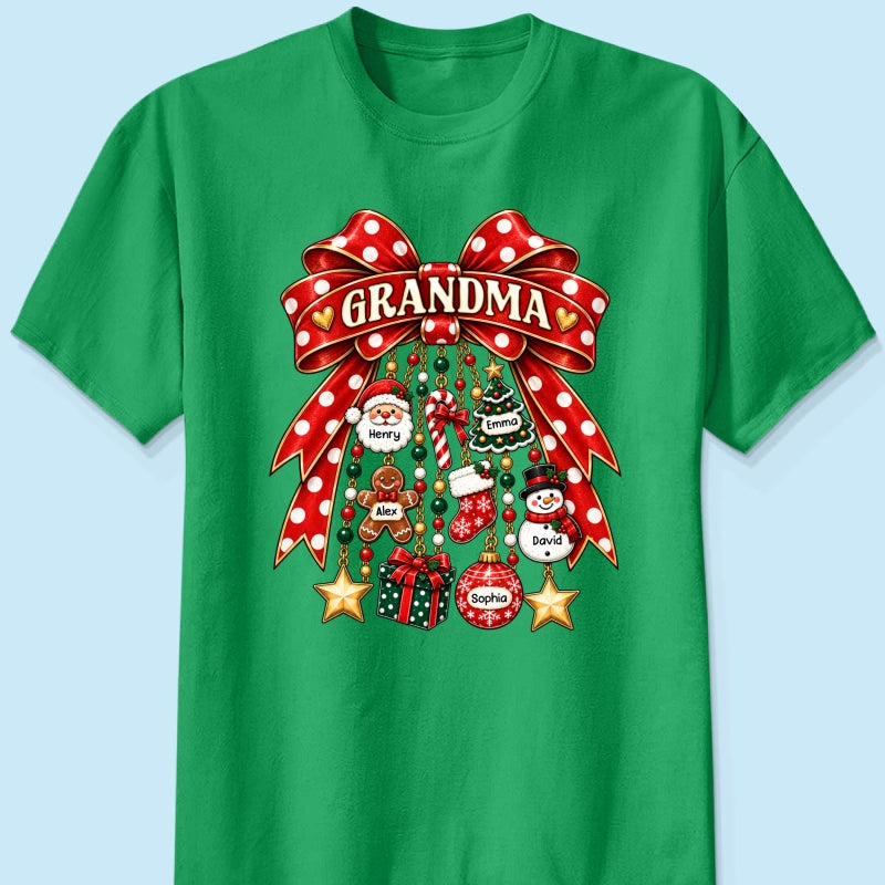 Grandma Retro Christmas Charm Bow - Personalized Shirt - Trendy Christmas Tee for Grandma