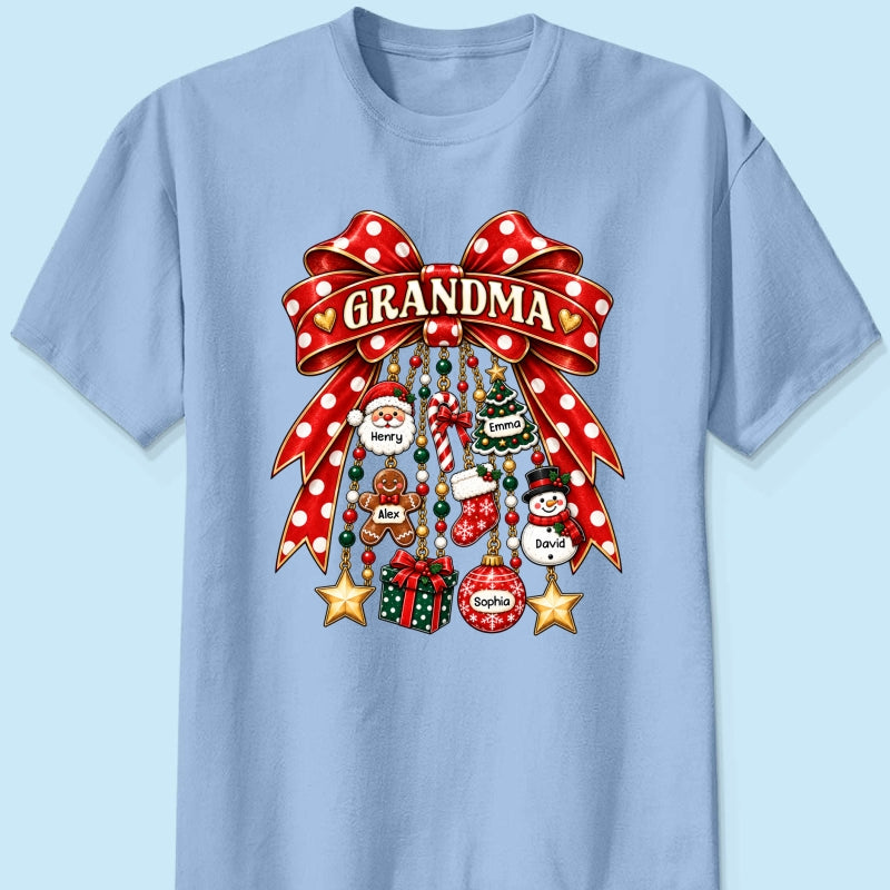 Grandma Retro Christmas Charm Bow - Personalized Shirt - Trendy Christmas Tee for Grandma