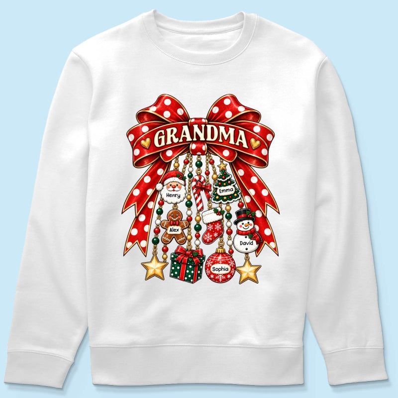 Grandma Retro Christmas Charm Bow - Personalized Shirt - Trendy Christmas Tee for Grandma