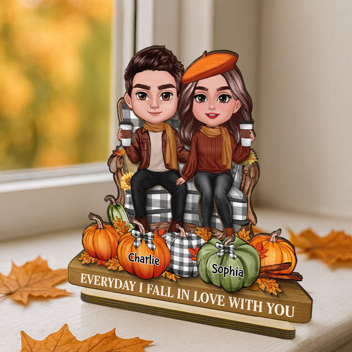 3D Effect Fall Season Couple Sitting Pumpkins Personalized 2-Layer Standing Wooden Plaque