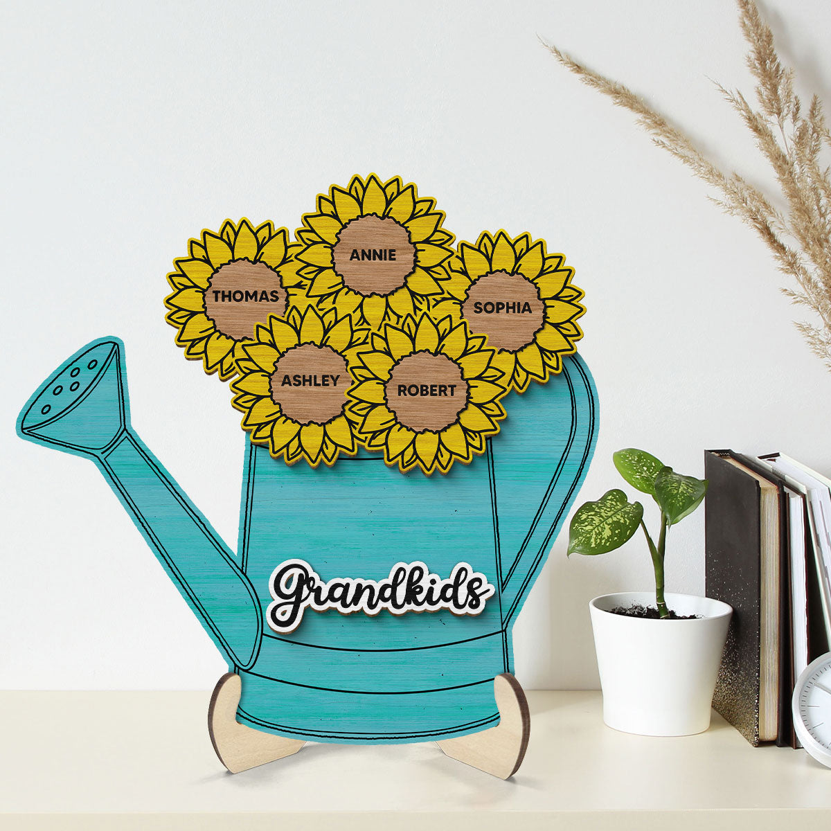 Grandkids Flowers Watering Can Personalized 2-layer Wooden Plaque