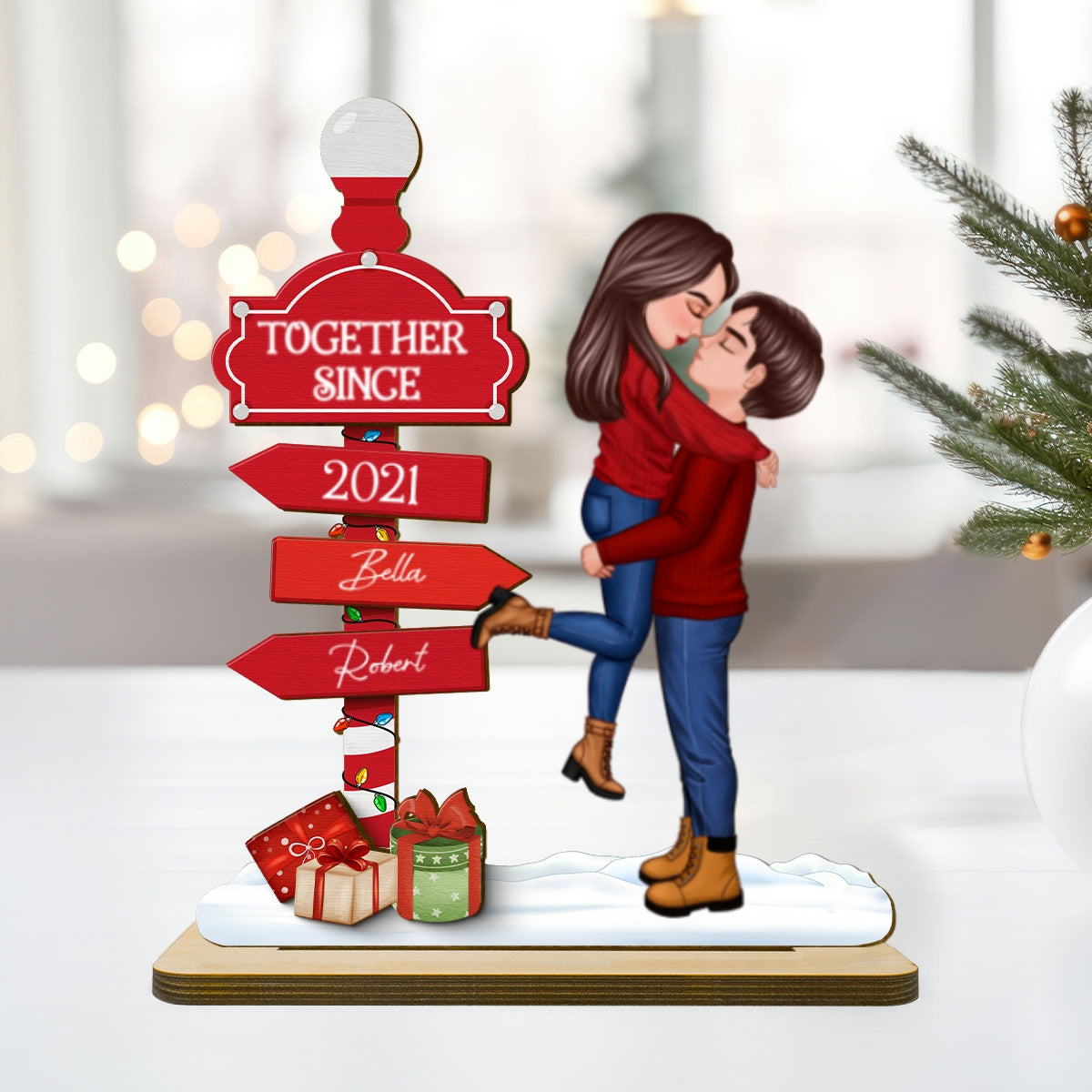Christmas Couple Kissing Sign Personalized Standing Wooden Plaque