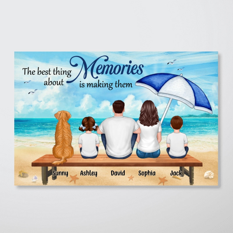 Family Sitting On Beach Bench Umbrella Personalized Horizontal Poster