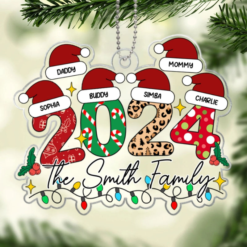 Family 2024 Christmas Pattern Santa Hat Personalized Acrylic Ornament, Christmas Gift for Children, Husband, Dad, Mom