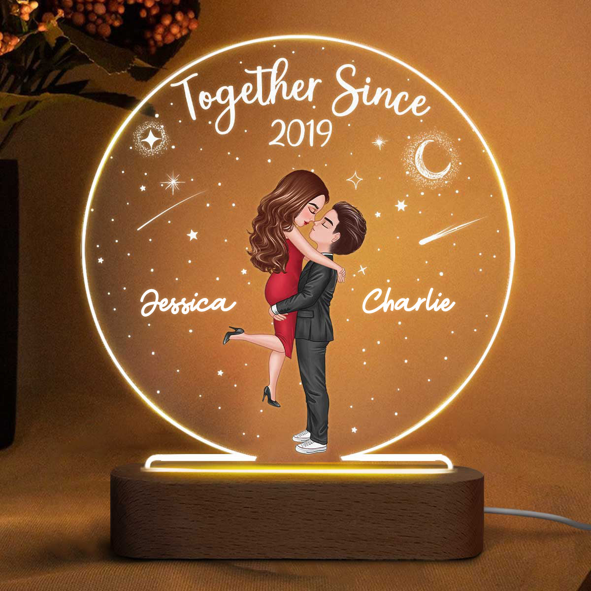 Doll Couple Hugging Kissing Personalized Circle Acrylic Plaque With LED Night Light - Anniversary Gift For Her - Gift For Him