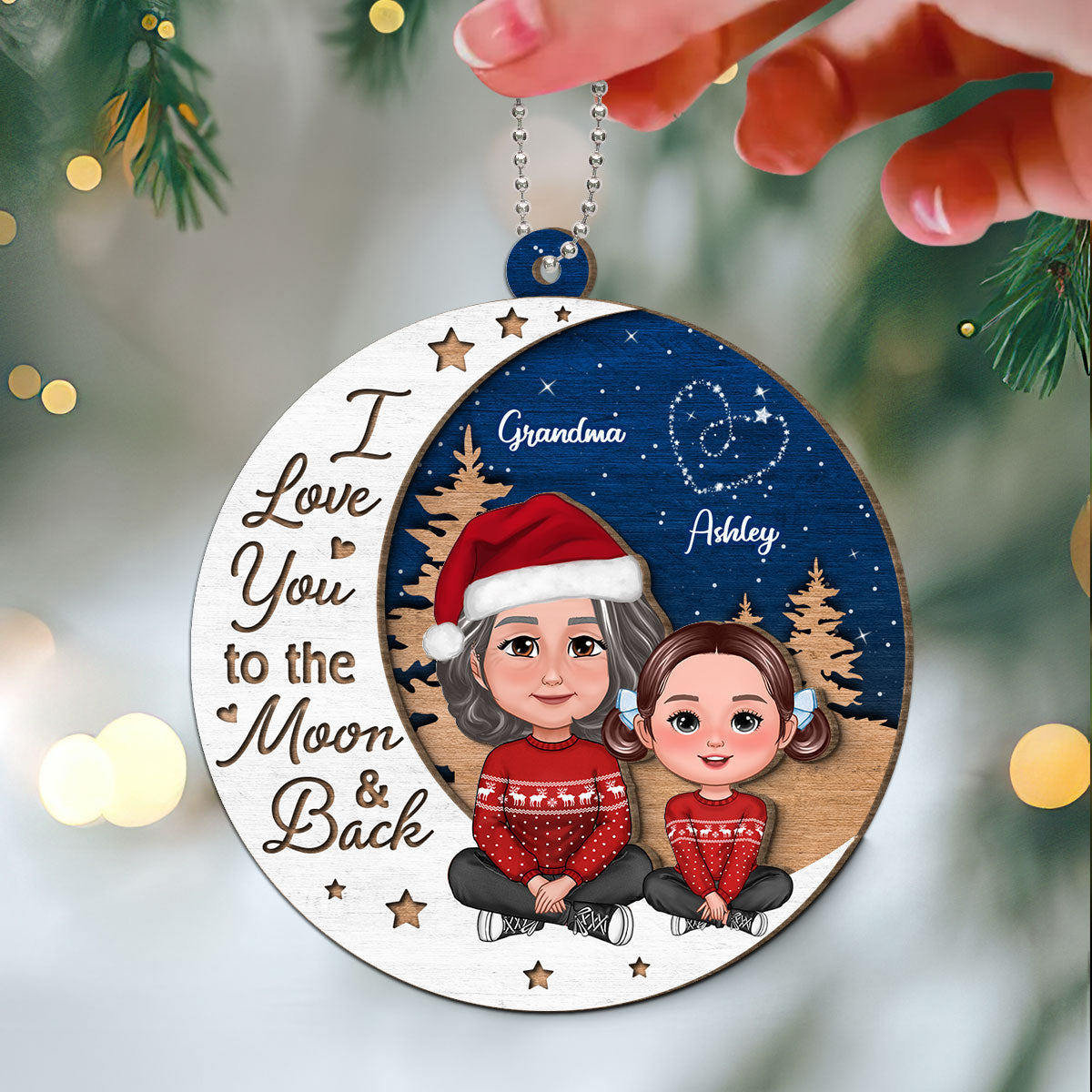 Grandma Grandkid Love You To Moon And Back Christmas Personalized 2-Layer Wooden Ornament