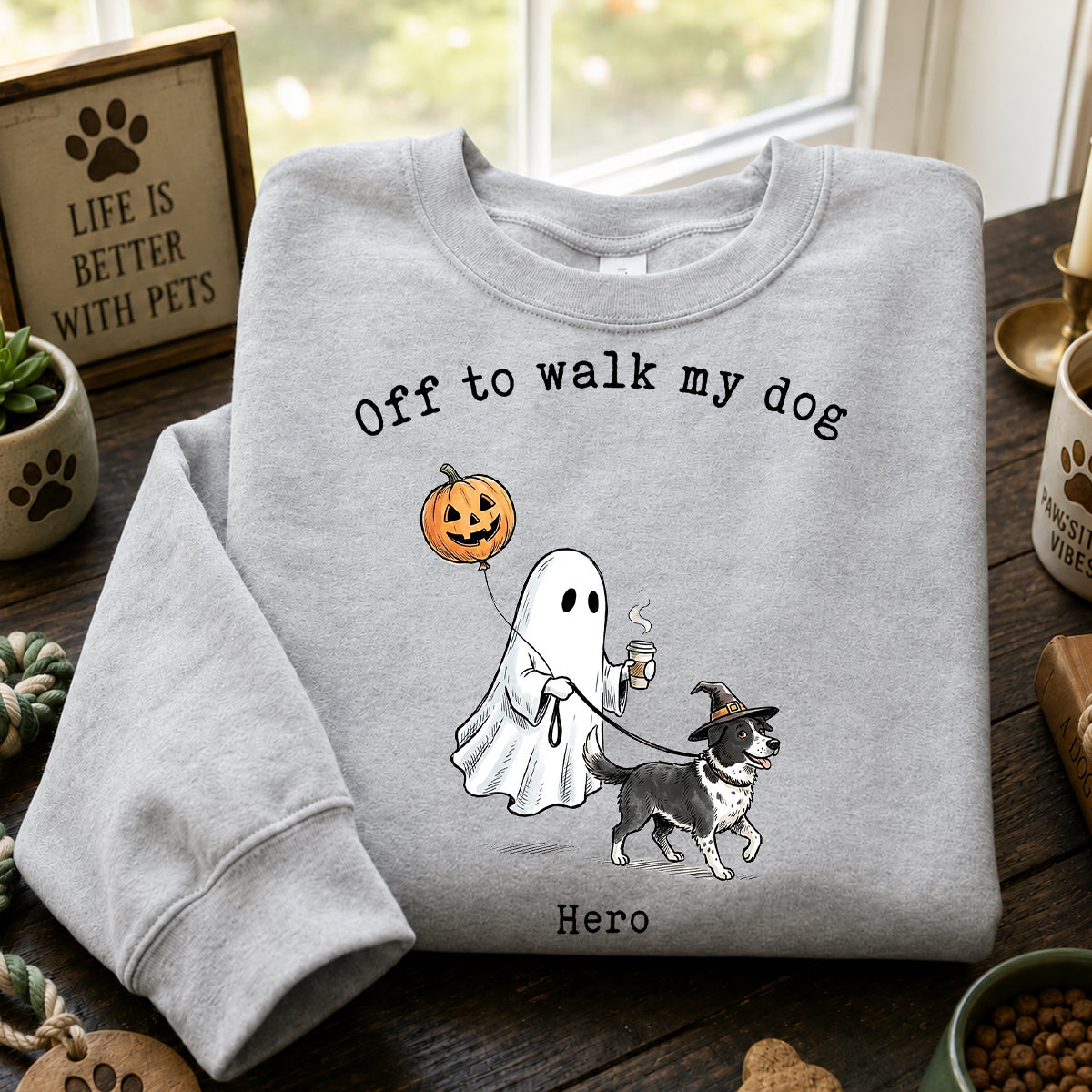 Off to Walk My Dog - Personalized Shirt - Halloween Spooky Ghost Trendy Tee for Dog Moms, Dog Dads