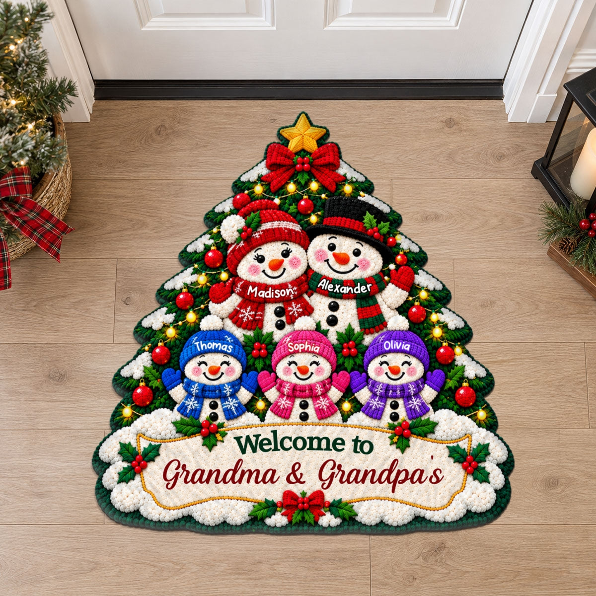 Snowman Grandparents & Grandkids Under Christmas Tree - Personalized Door Mat - Christmas Decor For Grandparents, Family