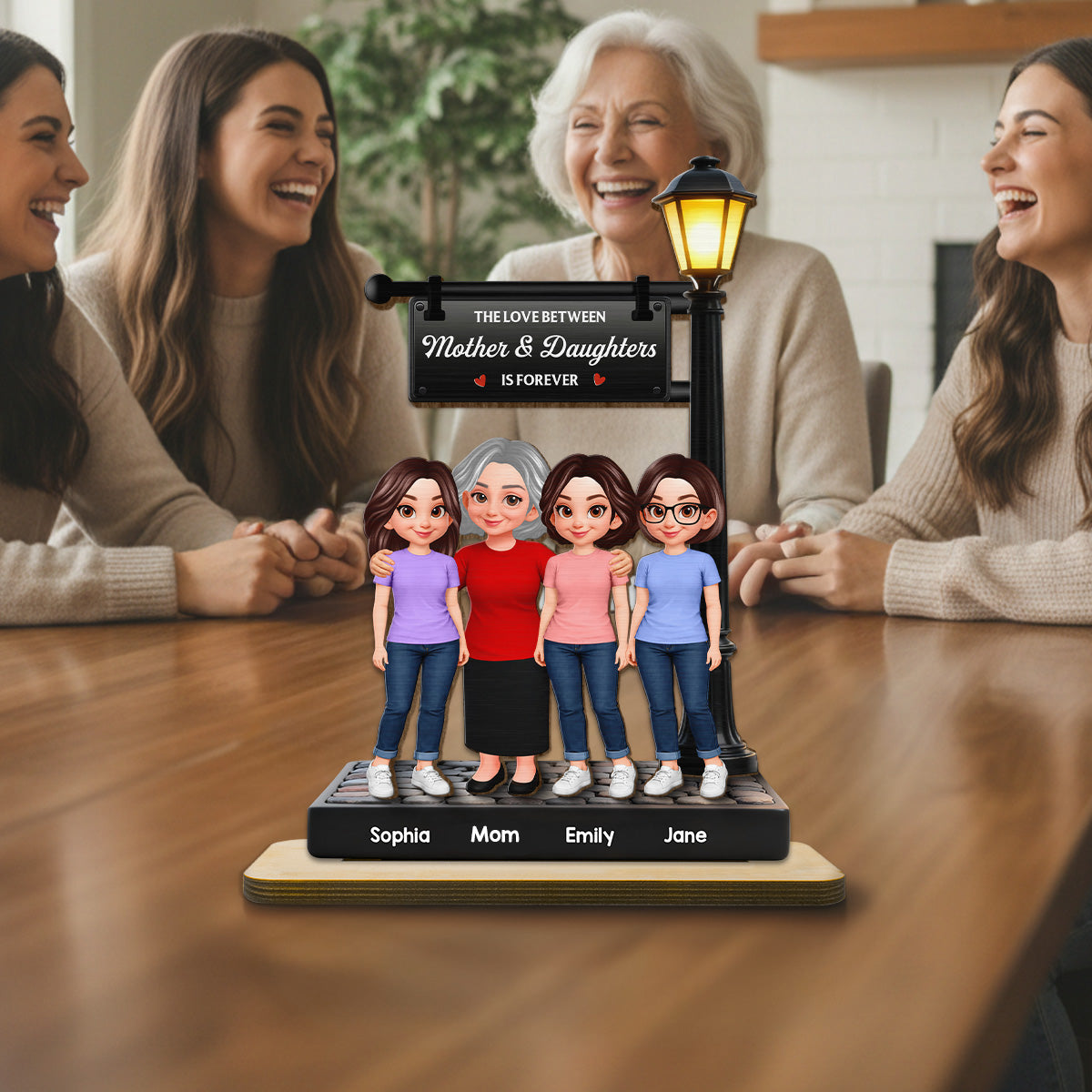 Mother And Daughter Son Happy Together Under Lamp Post - Personalized 2-Layered Wooden Plaque - Mother's Day Gift For Mom
