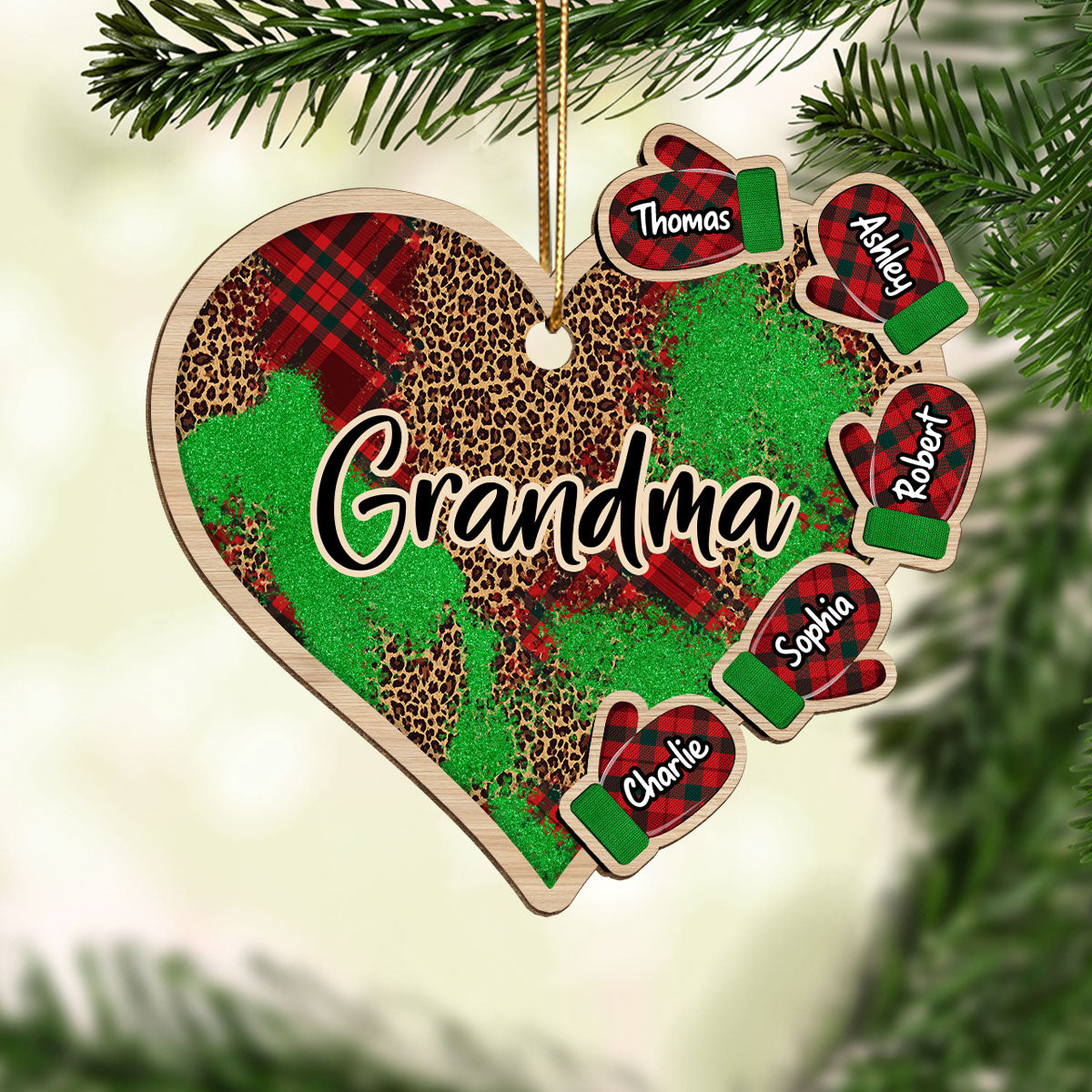 Grandma Grandkids Christmas Gloves Checkered Heart Personalized Wooden Ornament