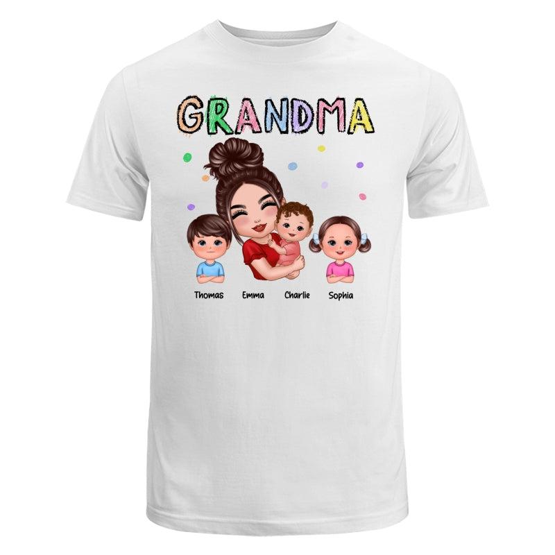 Crayon Text Doll Grandma Hugging Kids Personalized Shirt