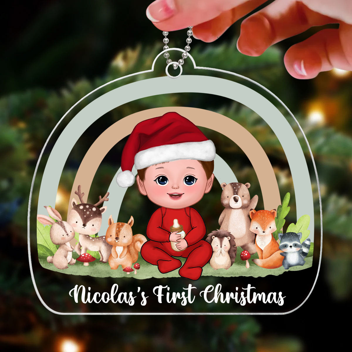 Rainbow Woodland Animals Baby's First Christmas Personalized Acrylic Ornament
