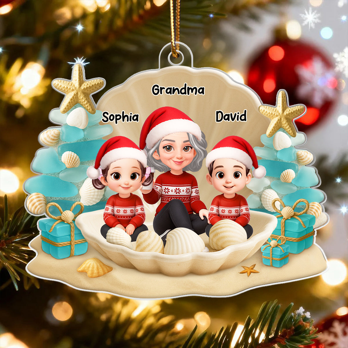 Grandma Grandkids 3D Beach-Inspired Sea Glass - Personalized Acrylic Ornament - Christmas Gift for Grandkids, Grandma