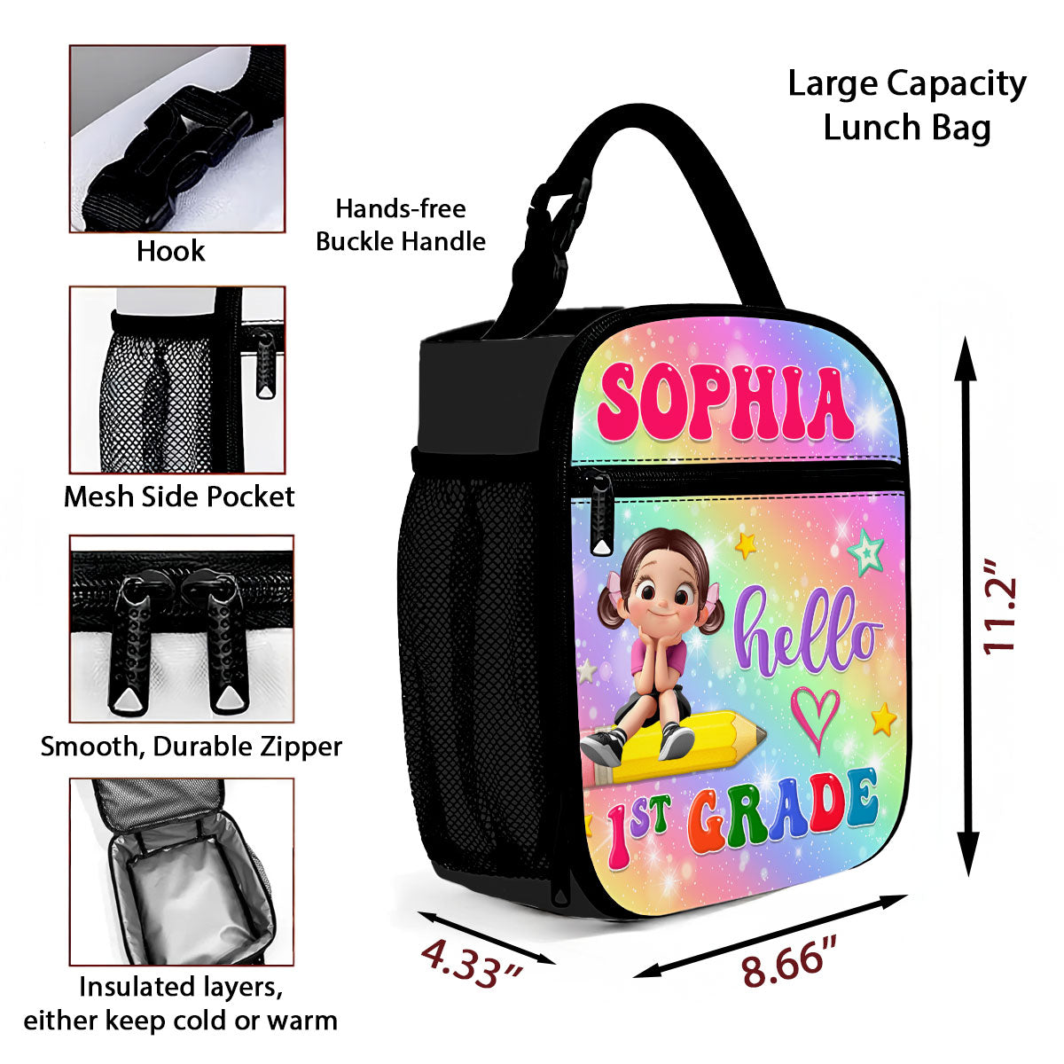 Kid Sitting On Pencil Personalized Insulated Kid Lunch Bag, Back To School gift