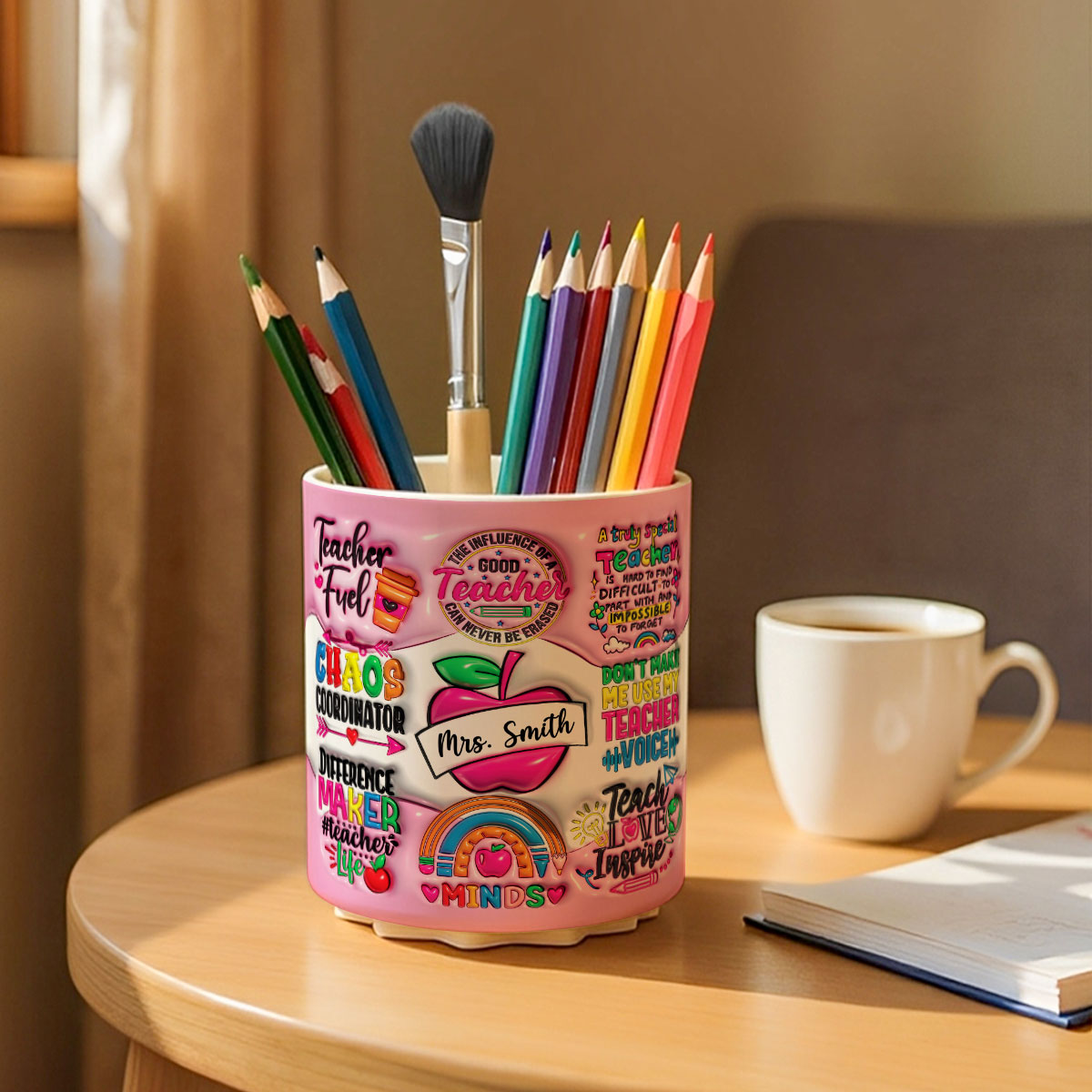 Teacher Fuel Chaos Ordinator 3D Inflated Effect Personalized Rotating Pen Holder, Teacher Appreciation Gift, Back To School Gift