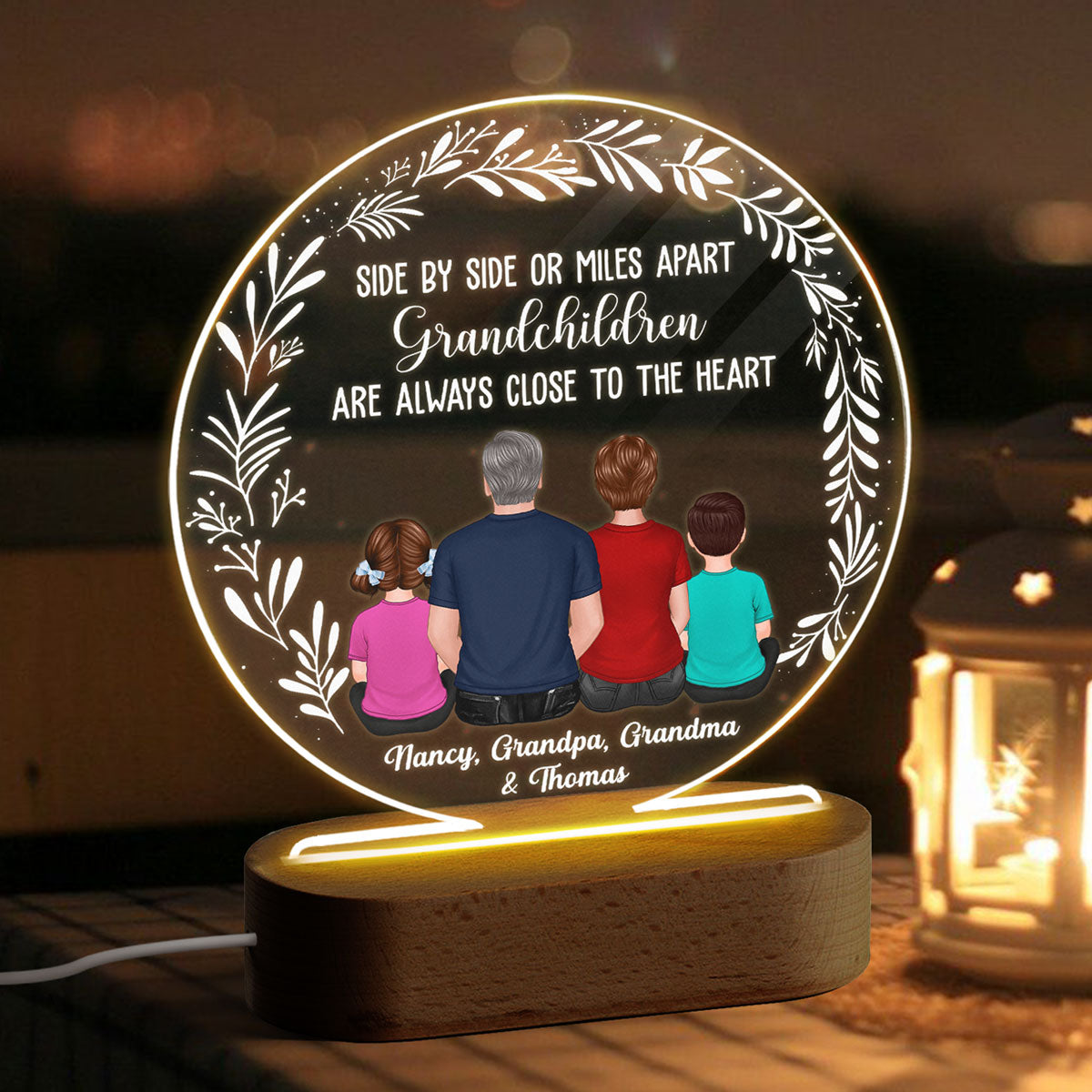 Side By Side Grandma Grandkids Mother‘s Day Gift Personalized Circle LED Night Light, Acrylic LED Lamp