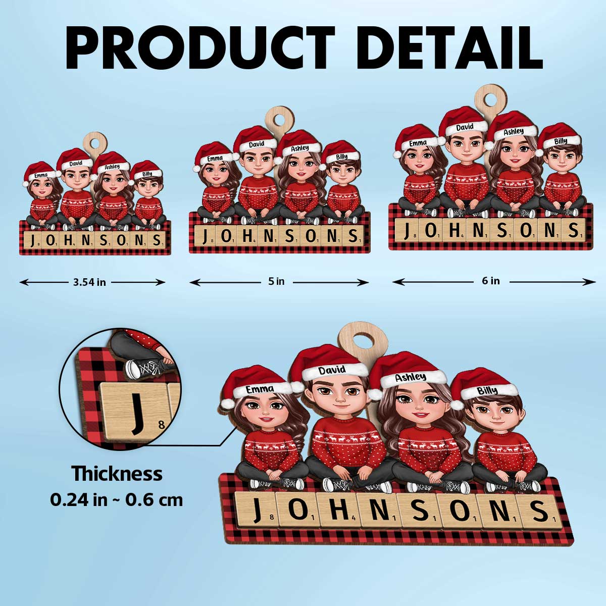 Whole Family Sitting On Word Personalized 2-Layer Wooden Ornament