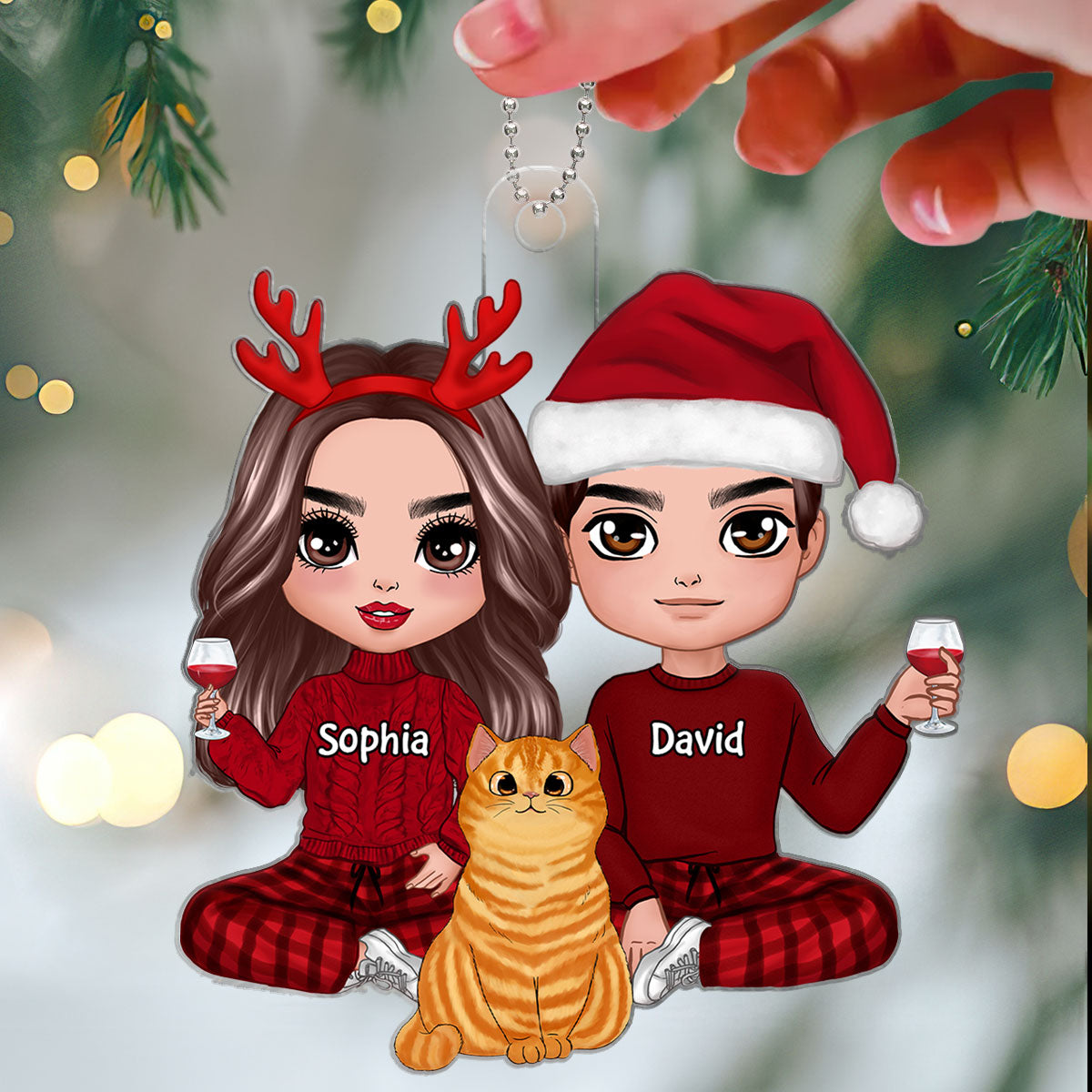 Doll Couple Sitting With Fluffy Cats Christmas Personalized Acrylic Ornament