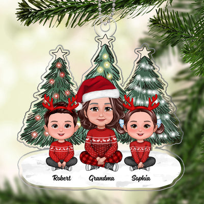 Christmas Green Tree Lights Cute Grandma & Grandkids Sitting Personalized Acrylic Ornament