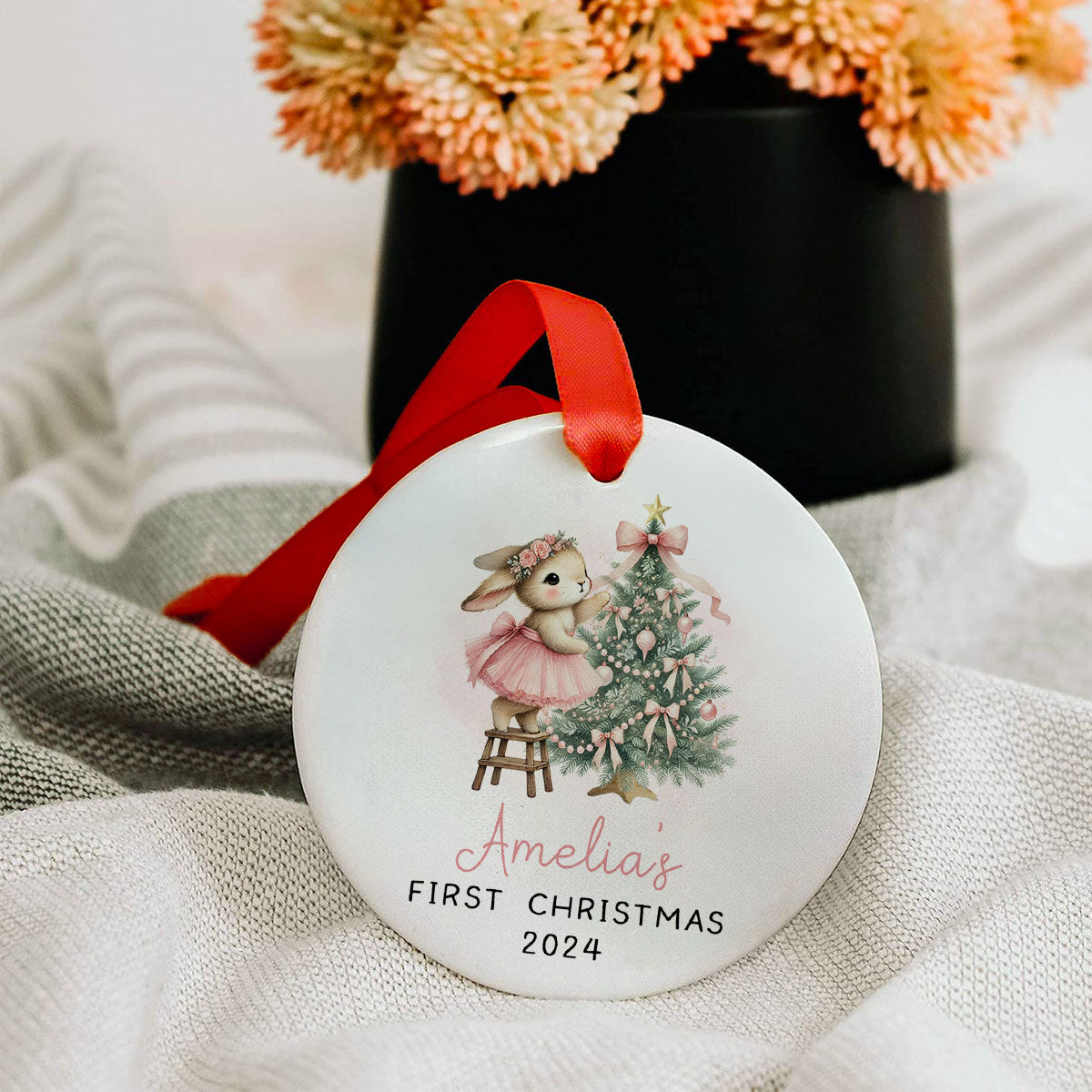 Baby's First Christmas Rabbit Personalized Circle Ceramic Ornament, Baby Girl Name Baby Shower Gift Keepsake