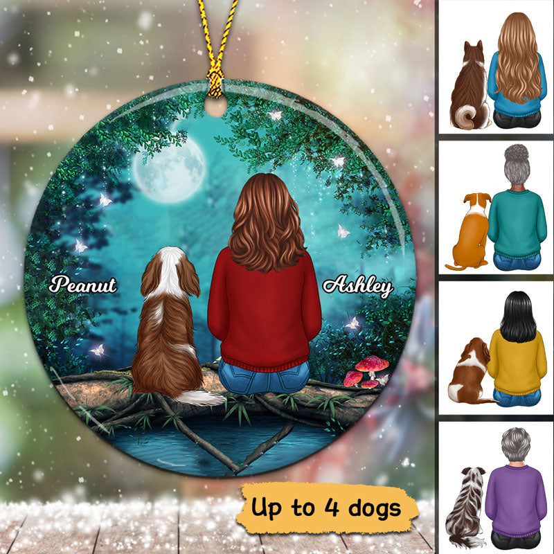 Girl And Dogs Tree Log Personalized Circle Ornament