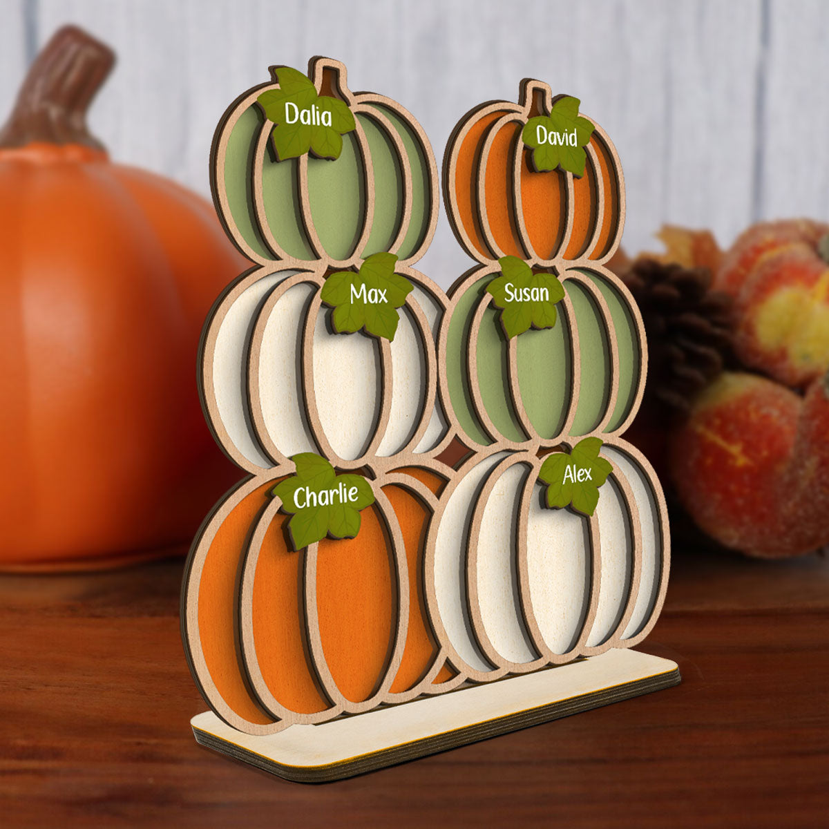 Fall Season Pumpkins Stack With Names Personalized 2-Layer Wooden Standing Plaque