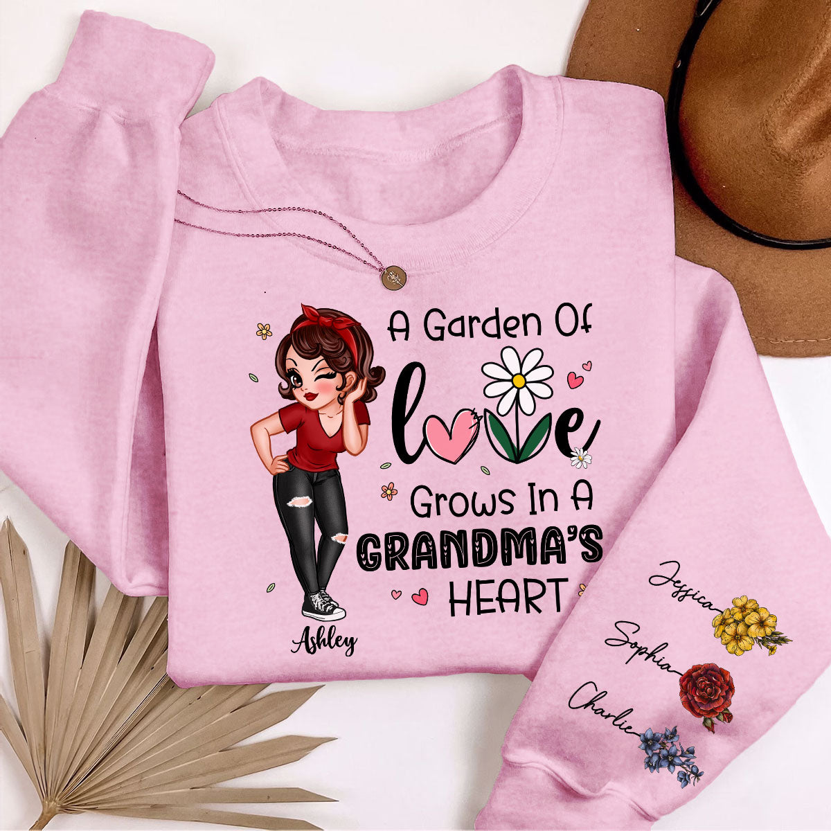 Garden of Love Grows In Grandma‘s Heart Beautiful Vintage Birth Flower Personalized Sleeve Printed Sweatshirt