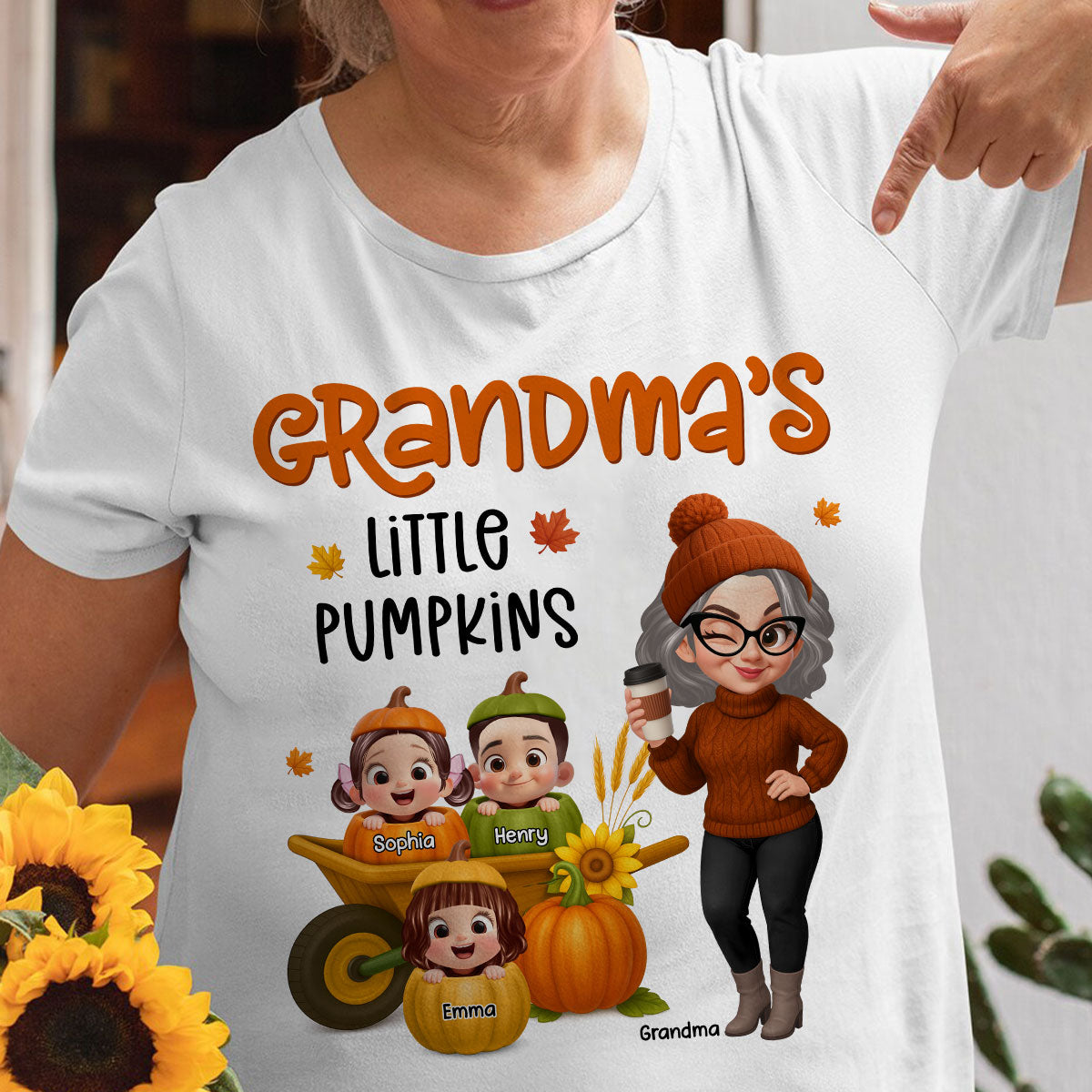 Grandma's Litttle Pumpkins Pretty Grandma And Kids Personalized Shirt, Fall Season gift