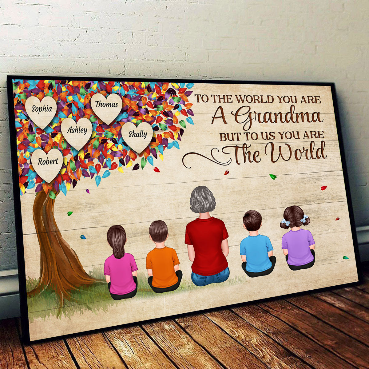Woman Back View & Kids Under Colorful Tree Personalized Horizontal Poster