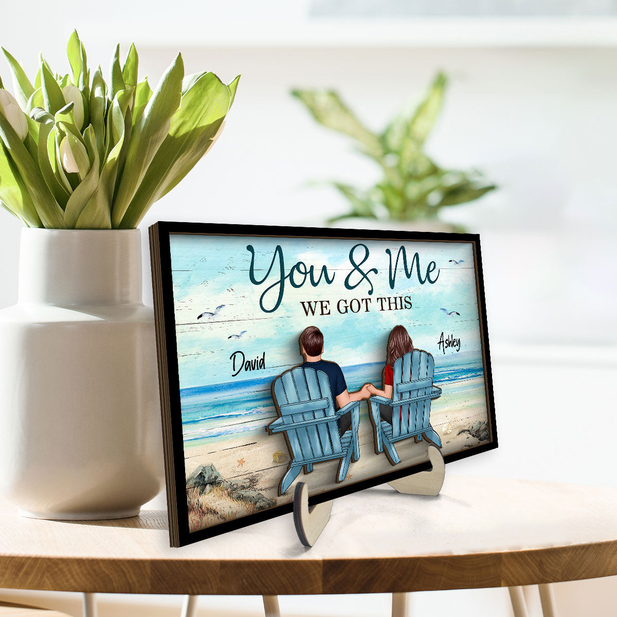 Back View Couple Sitting Beach Landscape Personalized 2-Layer Wooden Plaque