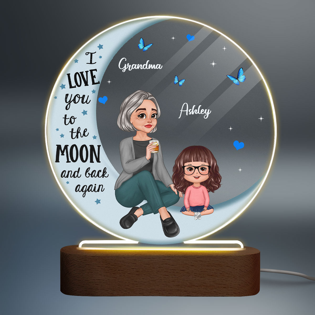 Pretty Cartoon Grandma & Grandkid On Blue Moon Gift For Grandson Granddaughter Personalized Circle Plaque With LED Night Light