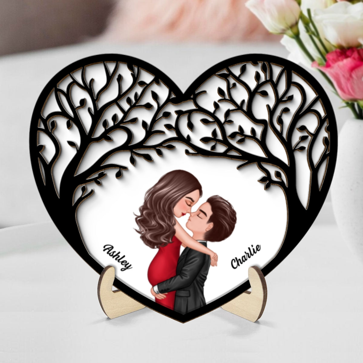 Couple Kissing Under Tree Canopy Heart Personalized 2-layer Wooden Plaque, Gift For Him, For Her