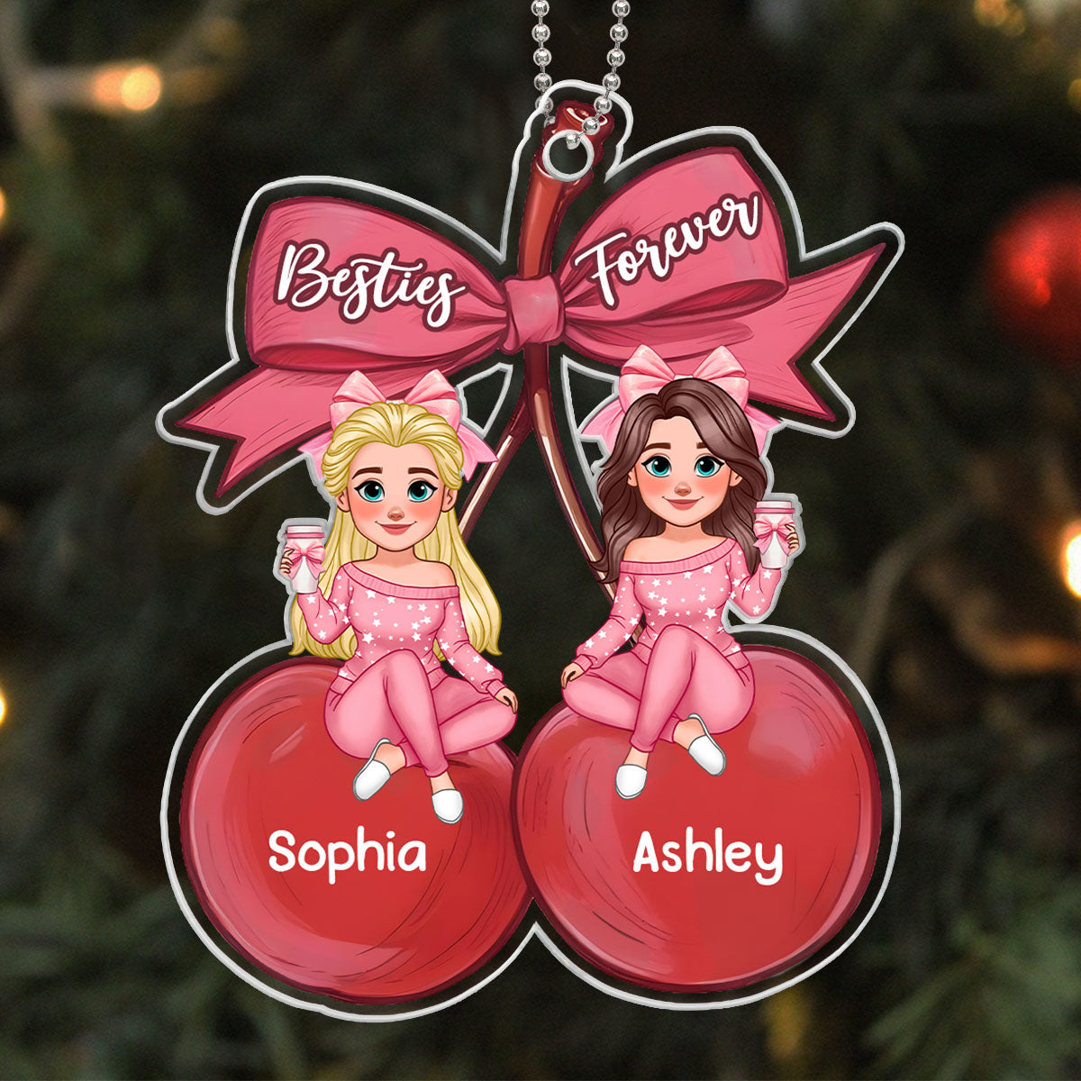 Besties Sitting On Pink Coquette Cherry Bow Personalized Acrylic Ornament, Christmas Gift For Best Friends