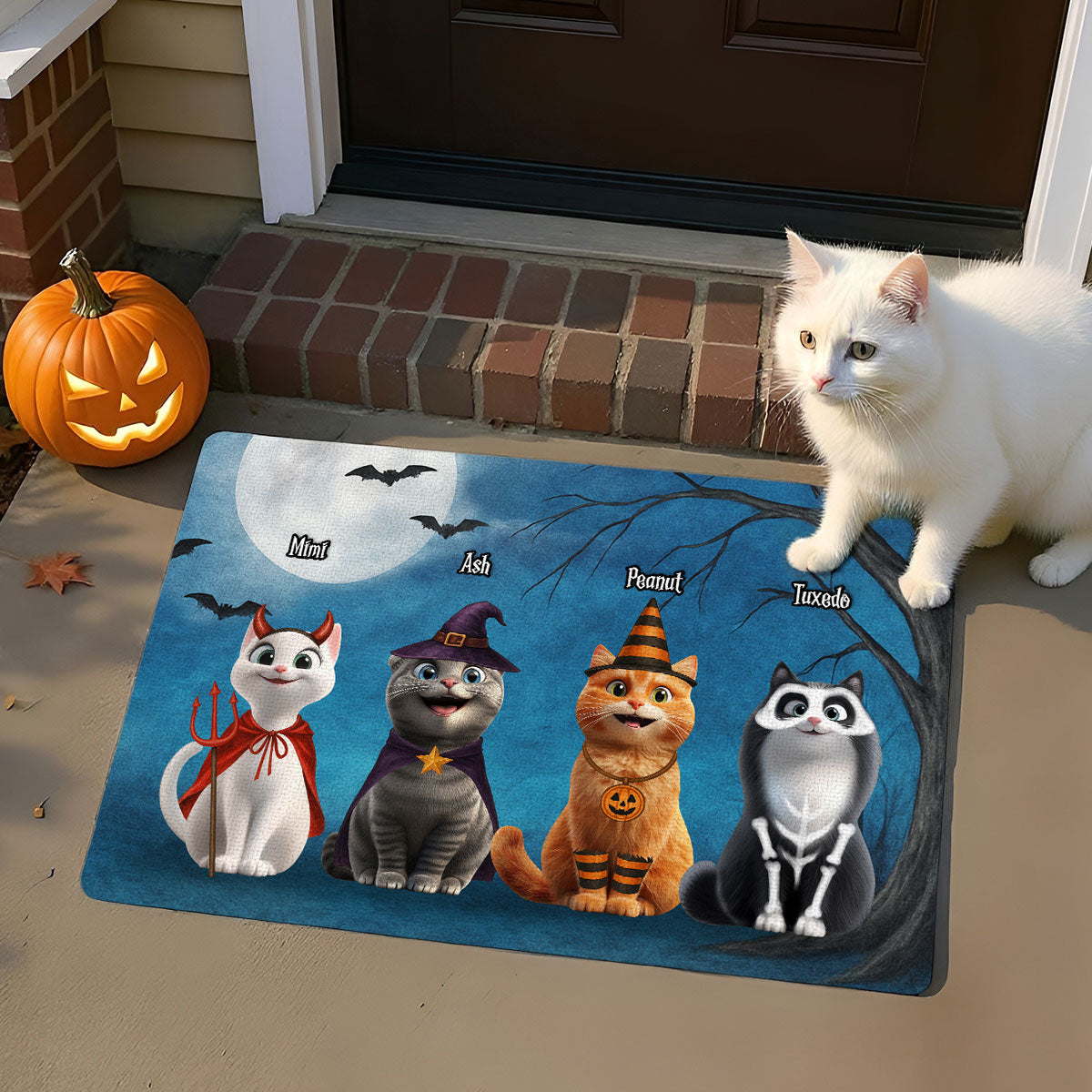 Halloween Cute Cats Sitting in the Moon Light Personalized Doormat, Halloween Decor for Cat Lovers
