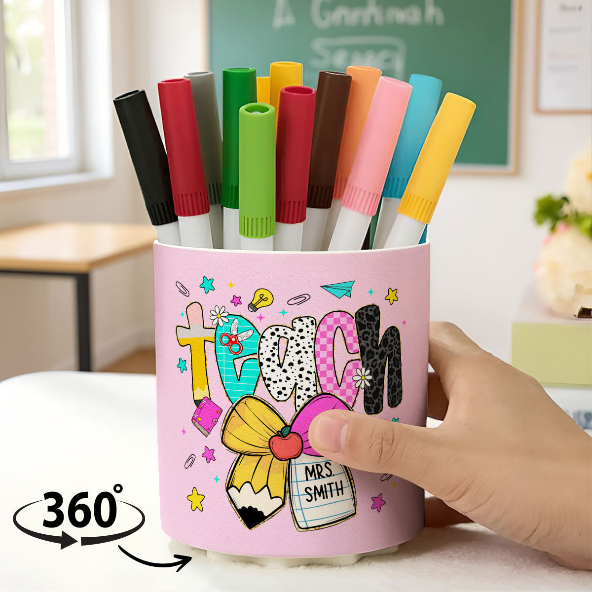 Preppy Teacher Pencil Coquette Bow Doodle Personalized Rotating Pen Holder, Custom Teacher Name, Back to School Gift