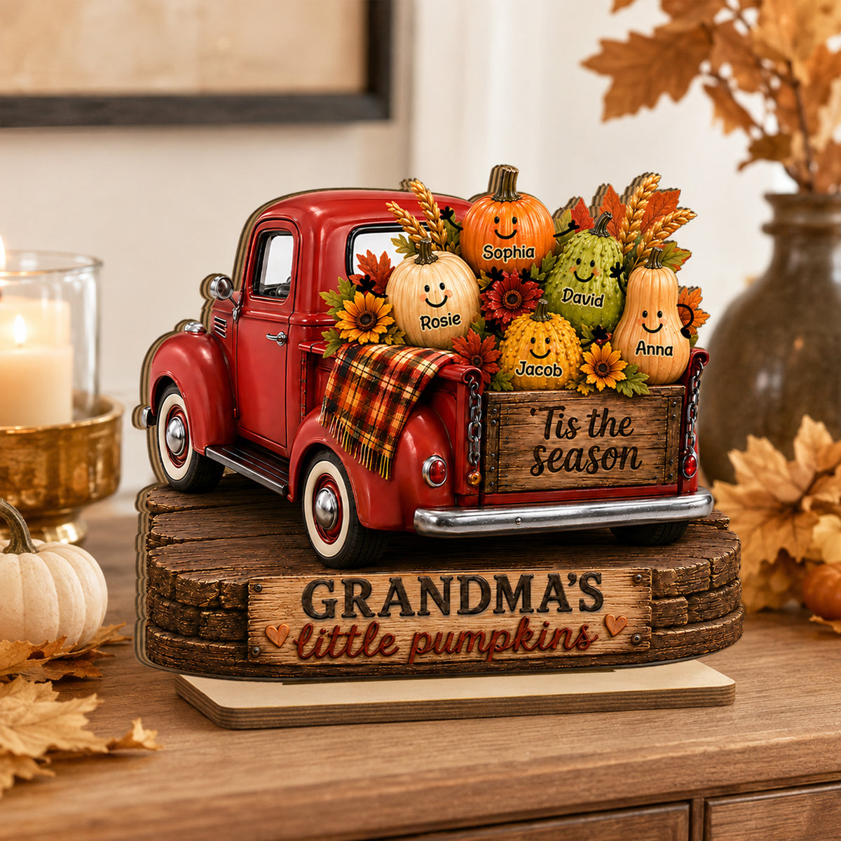 Grandma's Little Pumpkins Pickup Truck - Personalized 2-Layered Wooden Plaque - Cozy Fall Decor for Grandma