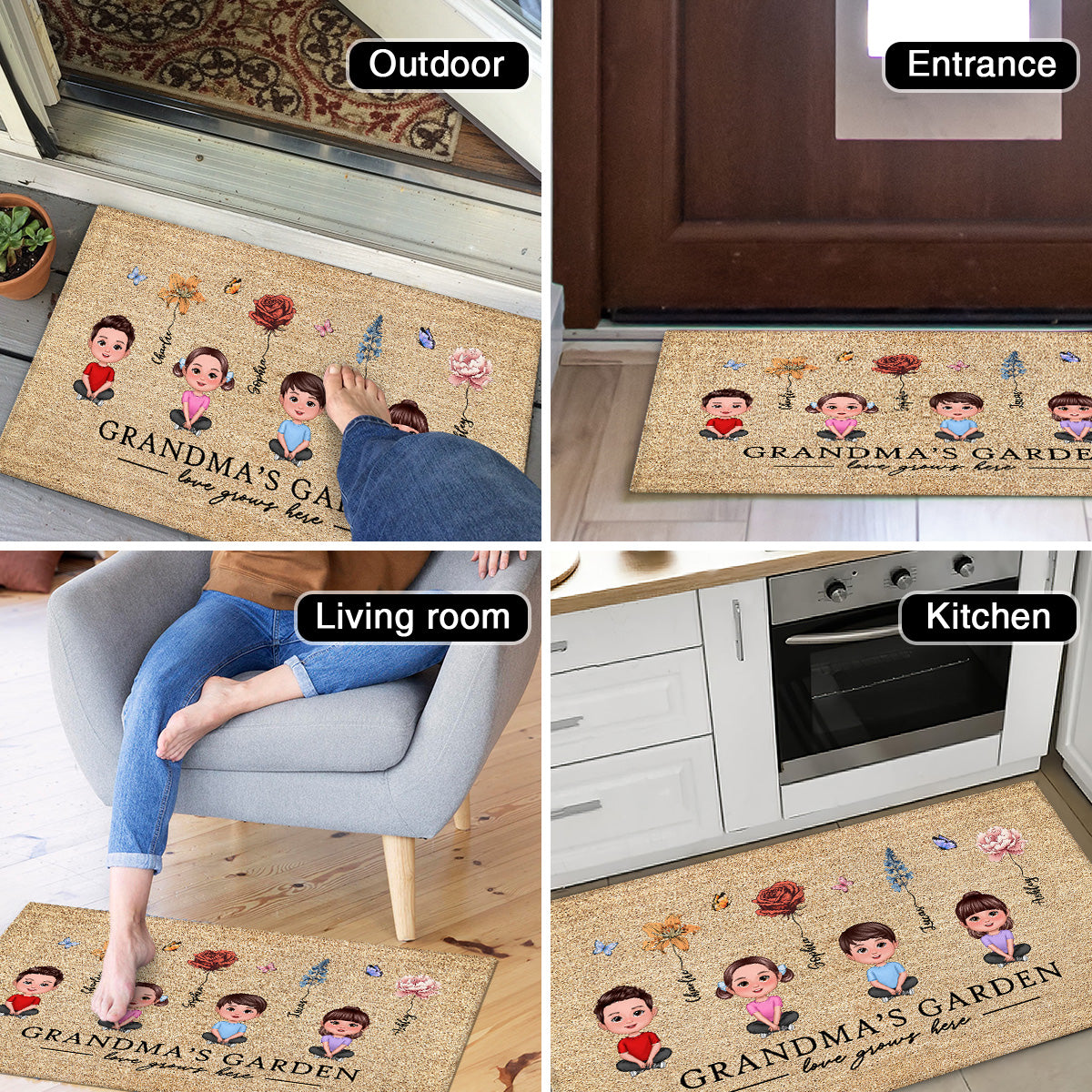 Love Grows Here Grandma Garden Birth Month Flowers Grandkids Crossed Legs Personalized Doormat