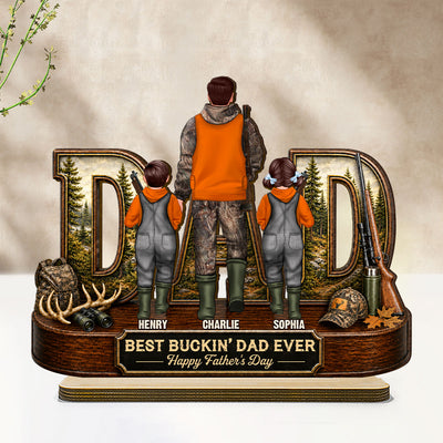 Hunting Dad Best Buckin' Dad Ever - Personalized 2-Layered Wooden Plaque - Father's Day Gift For Hunting Dad