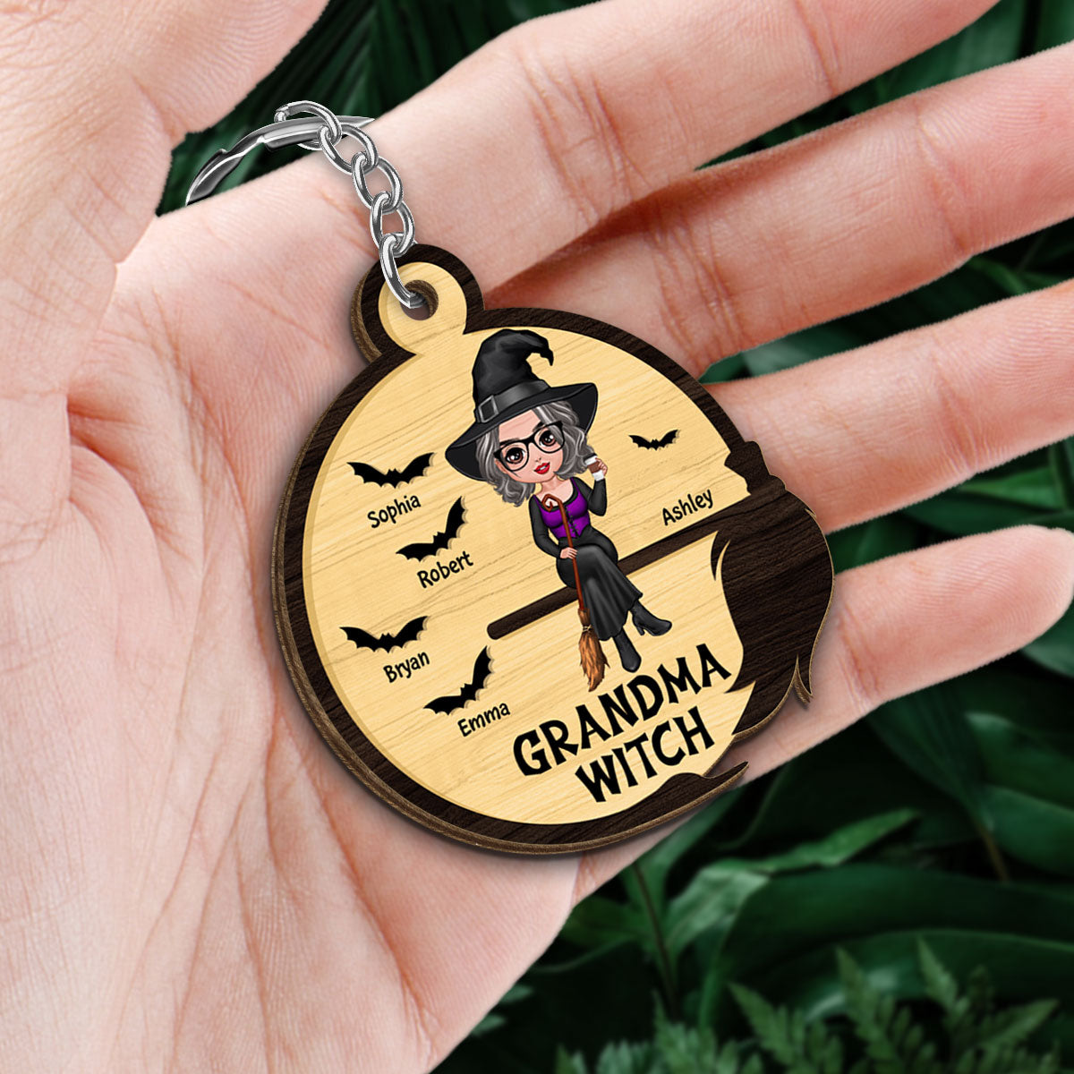 Grandma Mom Witch Broom Frame Halloween Personalized Wooden Keychain