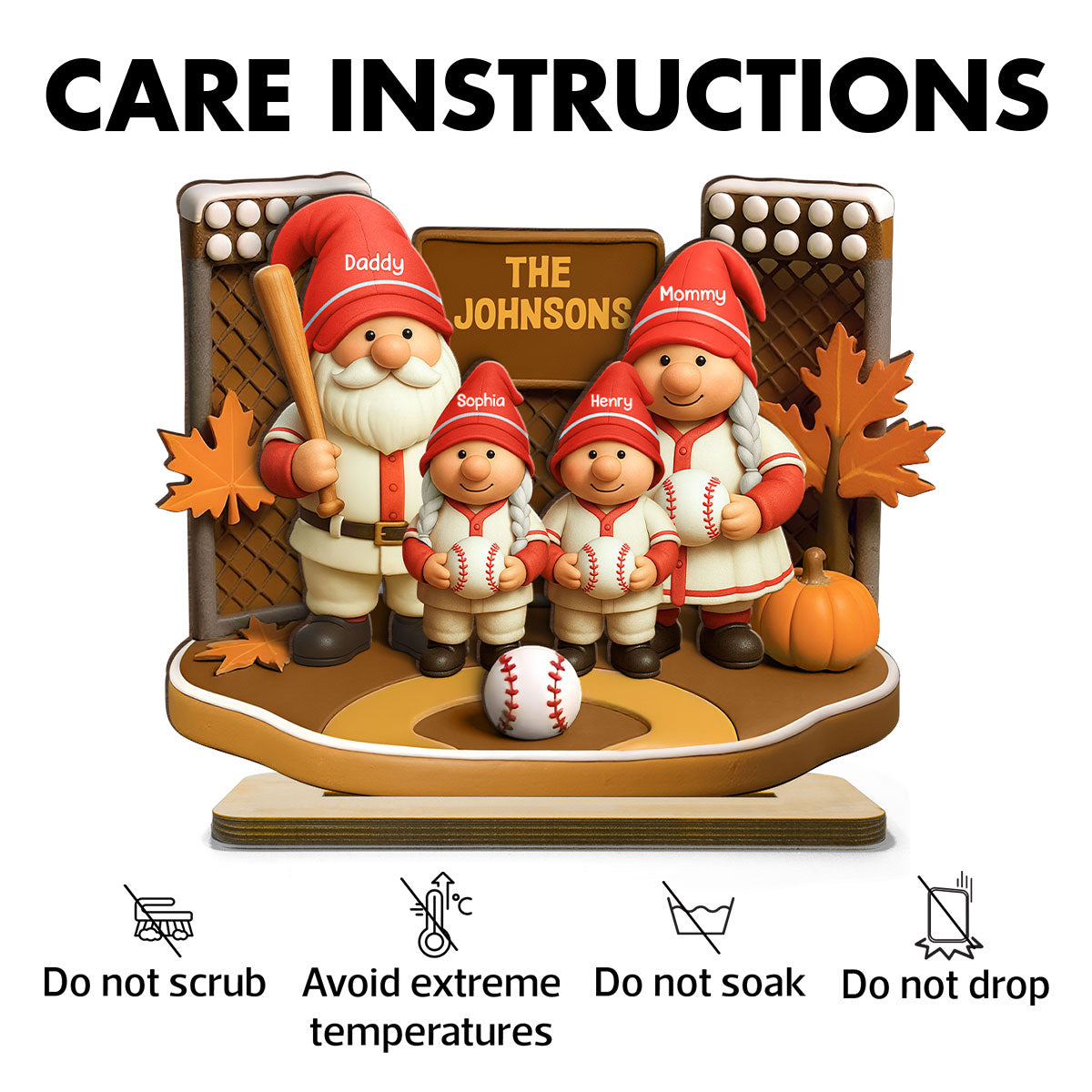 Fall Season Baseball Gnome Family 3D Effect Personalized Standing Wooden Plaque
