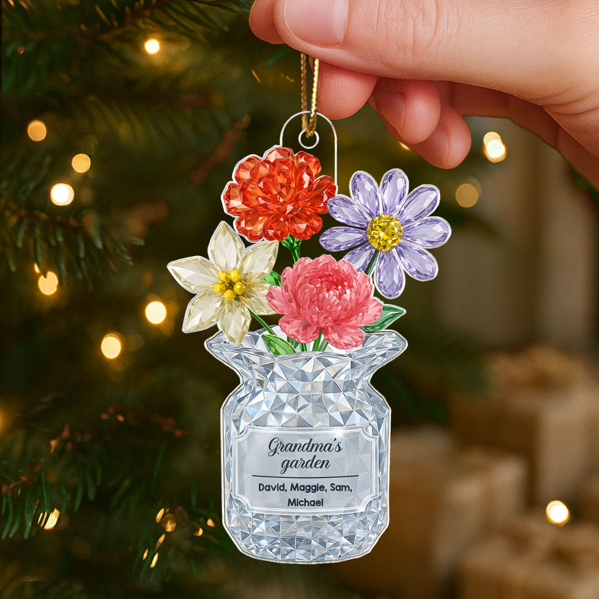 Grandma's Garden Birth Month Flower Vase 3D Crystal Effect, Personalized Acrylic Ornament, Christmas Gift Grandma