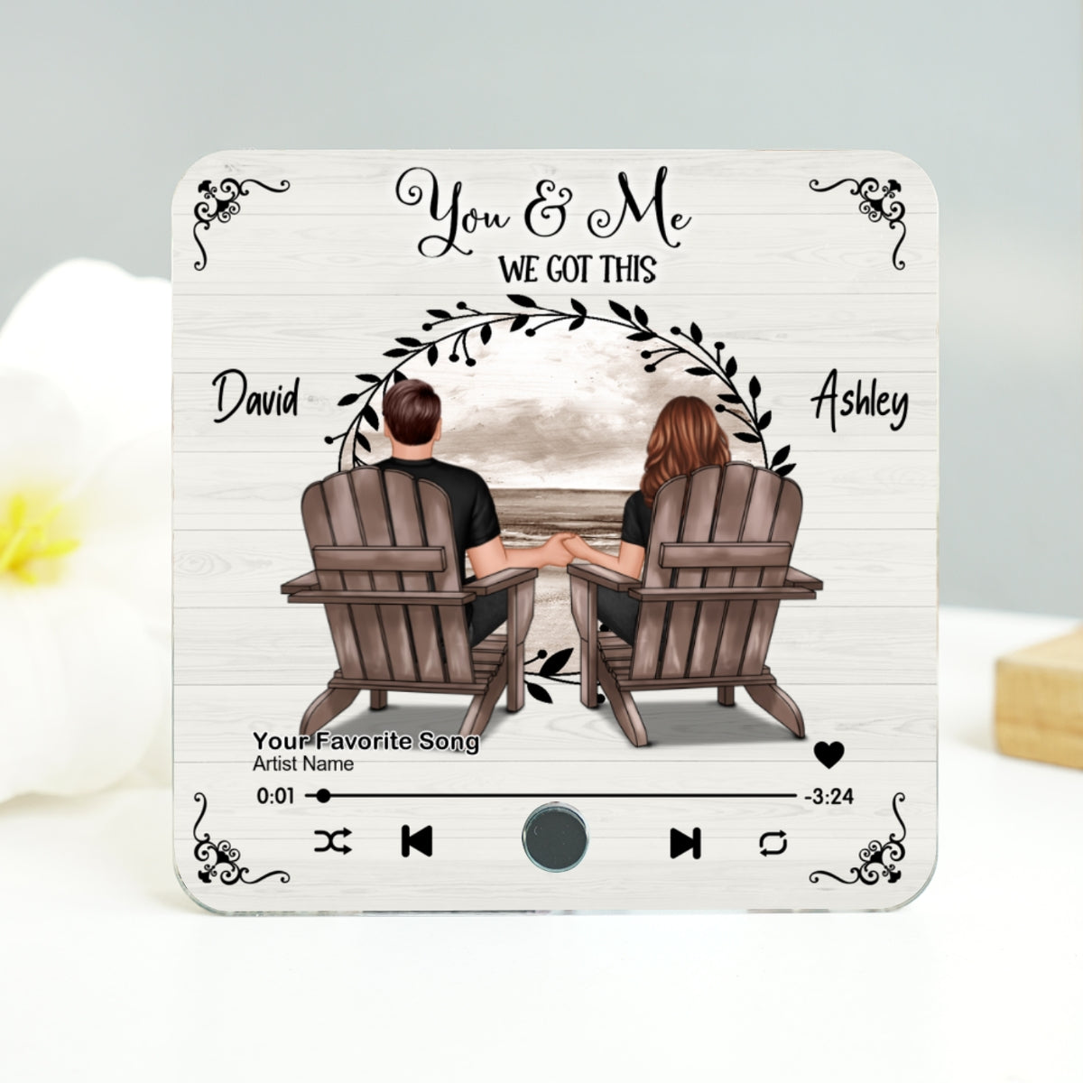 Couple Sitting Peaceful Landscape Through Rustic Window Personalized Music Magnet
