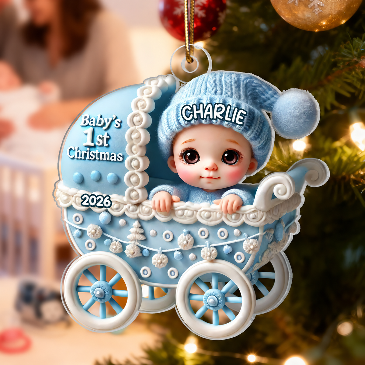 3D Effect Newborn Baby In Carriage Christmas Personalized Flat Acrylic Ornament, Christmas Gift For Newborns, New Parents
