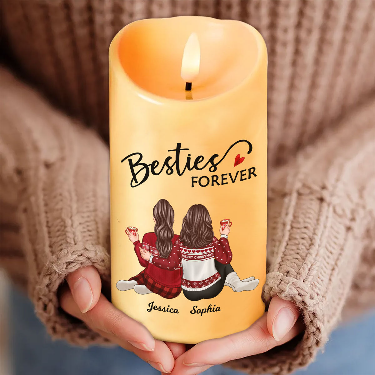 Besties Forever Message Christmas Besties Back View Personalized LED Candle