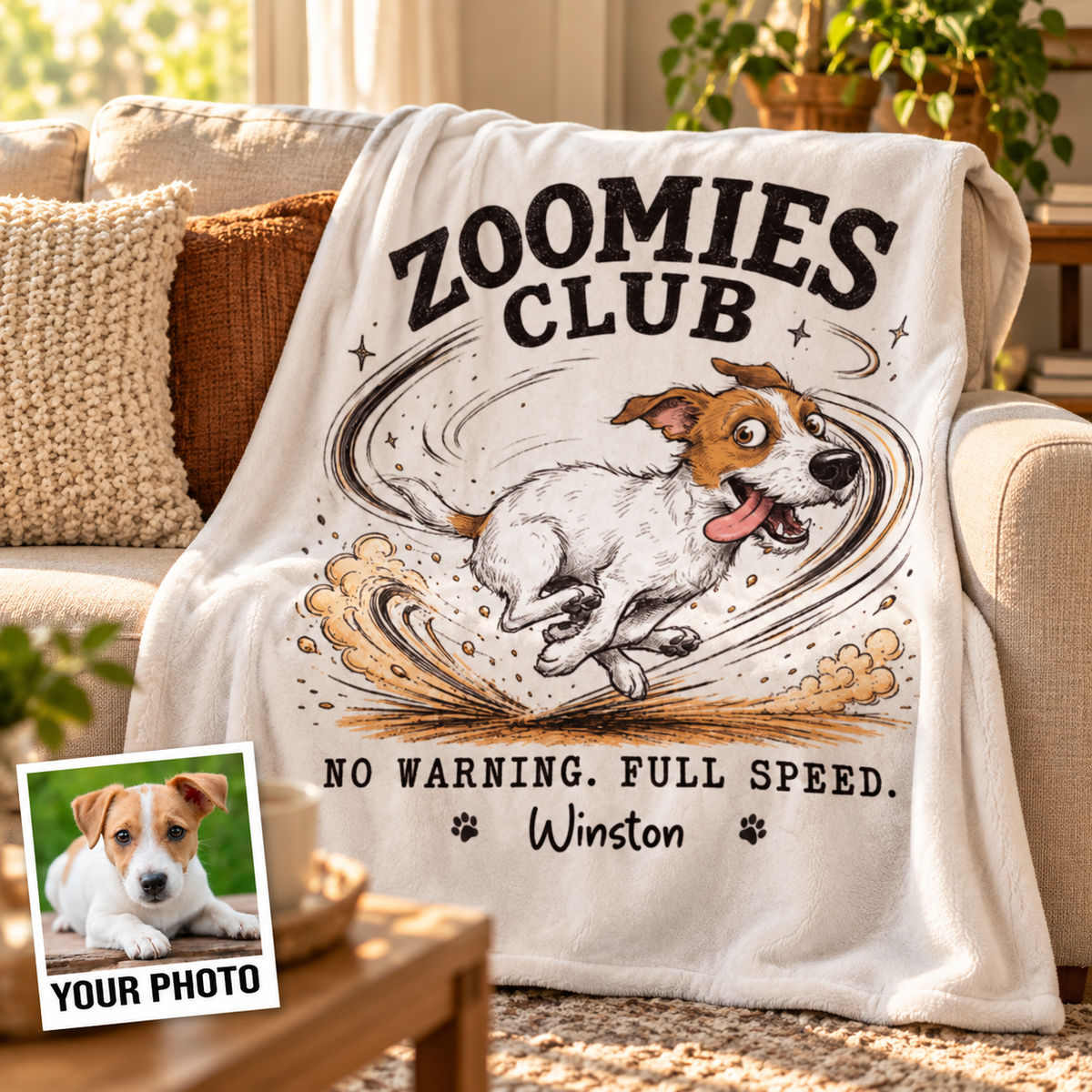 Zoomies Club Official Member Quirky Dog Portrait From Your Custom Pet Photo - Personalized Blanket - Funny Gift For Dog Cat Lover