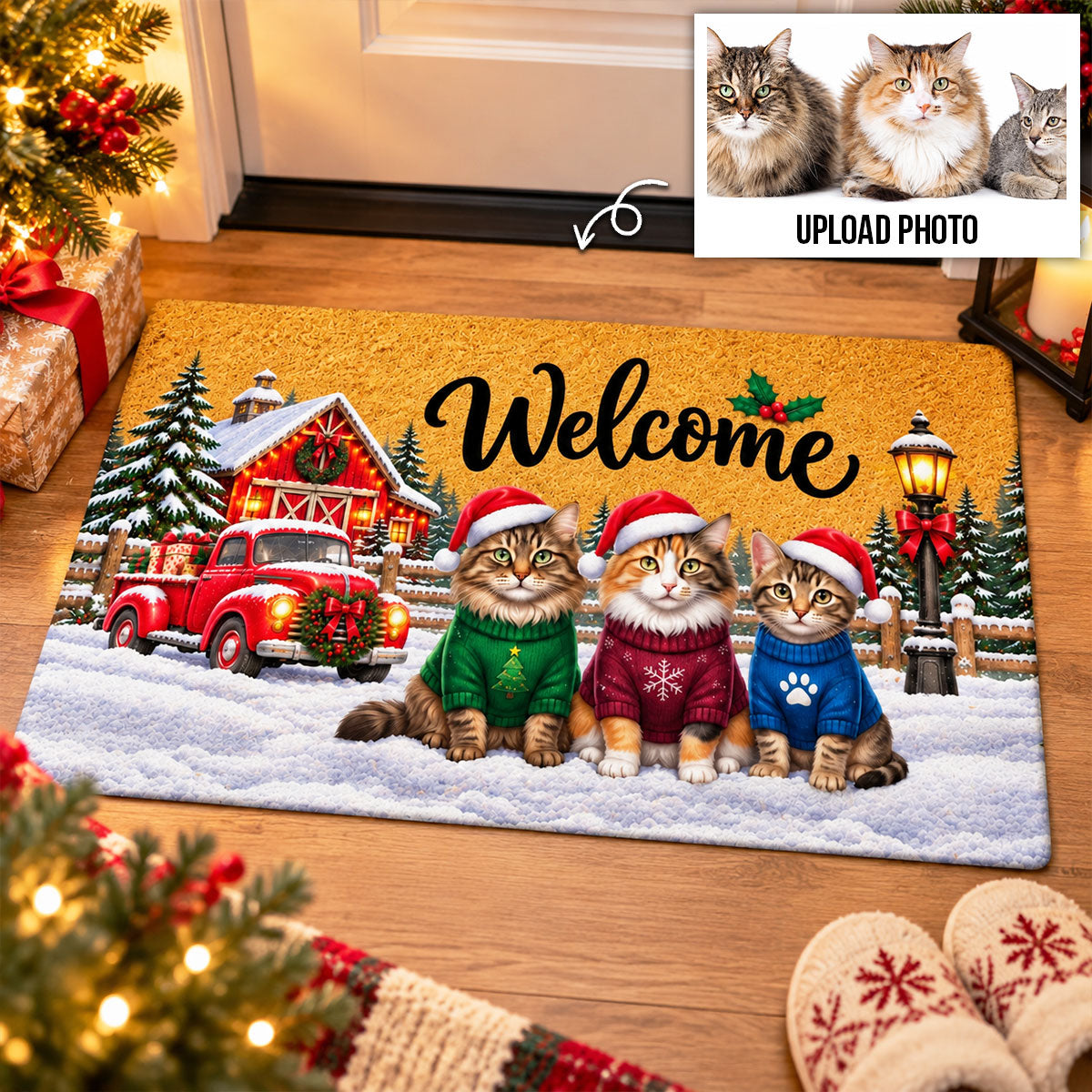 Cute Christmas Dog Cat Upload Photo - Personalized Doormat - Christmas Decoration For Pet Lovers