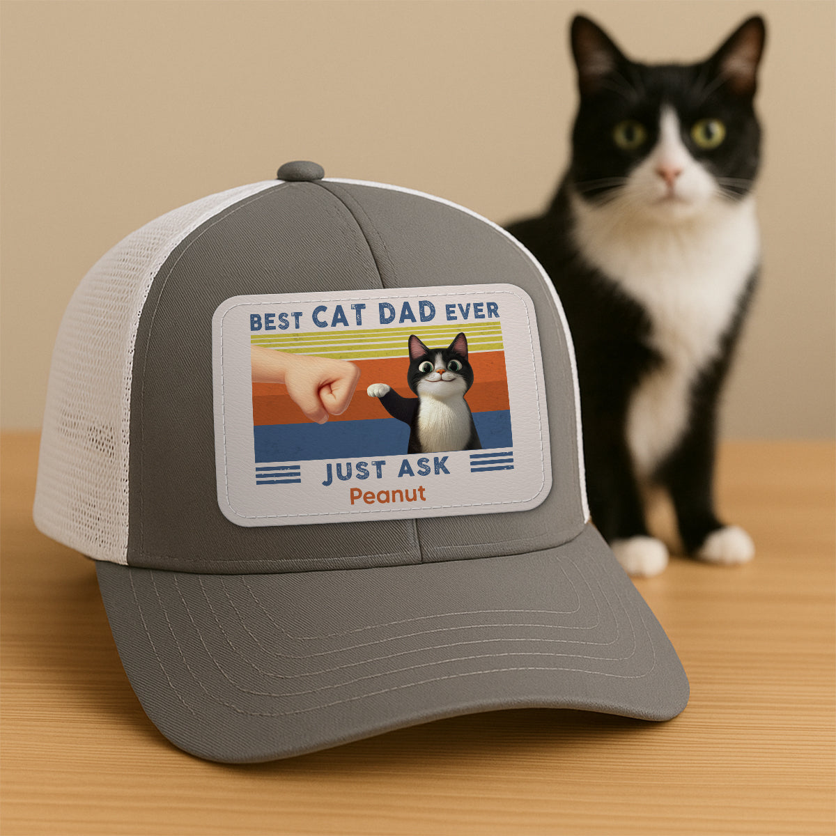 Best Cat Dad Cute Cartoon Cats Personalized Leather Patch Hat, Trucker Hat, Father's Day Gift for Cat Dads